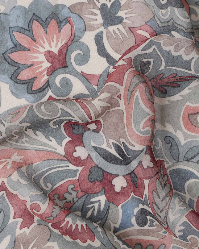 Grey and Maroon Paisley Printed Viscose Georgette Fabric with Blue Leaf Accents and Ornate Floral Design, 110 Cms Width, Made in India-D25884