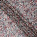 Grey and Maroon Paisley Printed Viscose Georgette Fabric with Blue Leaf Accents and Ornate Floral Design, 110 Cms Width, Made in India-D25884