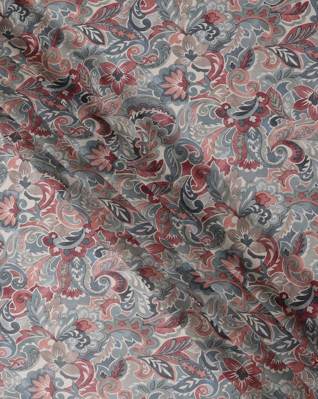 Grey and Maroon Paisley Printed Viscose Georgette Fabric with Blue Leaf Accents and Ornate Floral Design, 110 Cms Width, Made in India-D25884