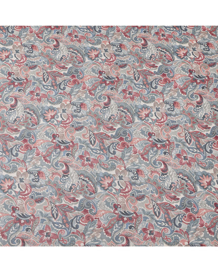 Grey and Maroon Paisley Printed Viscose Georgette Fabric with Blue Leaf Accents and Ornate Floral Design, 110 Cms Width, Made in India-D25884