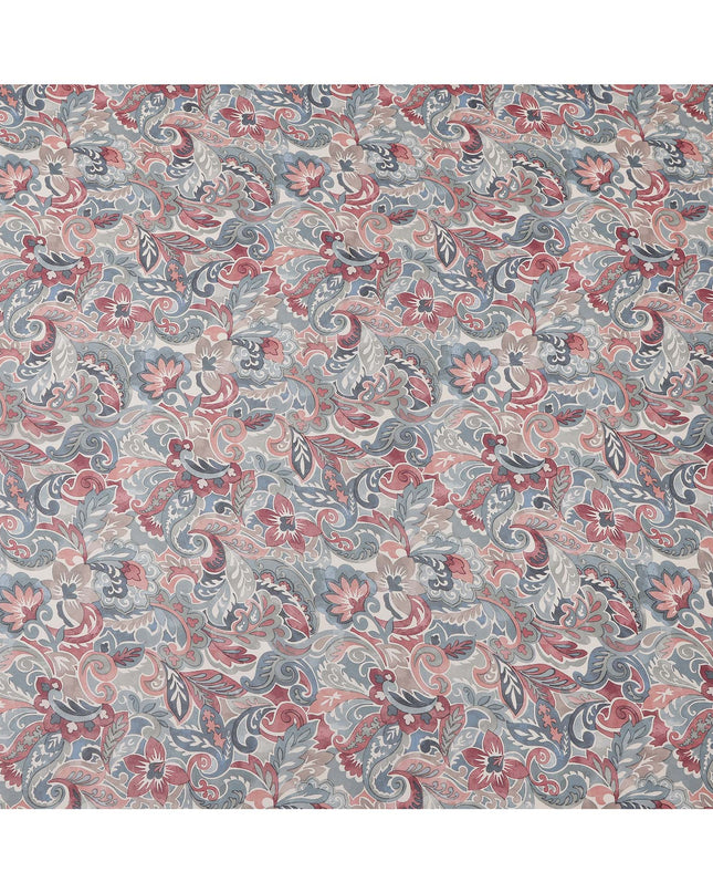 Grey and Maroon Paisley Printed Viscose Georgette Fabric with Blue Leaf Accents and Ornate Floral Design, 110 Cms Width, Made in India-D25884