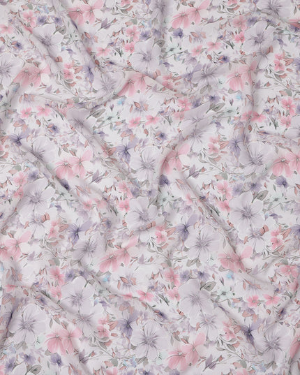 White Pastel Floral Printed Viscose Georgette Fabric with Lilac, Pink & Lavender Blossoms, Soft Flowing Texture, 110 Cms Width, Made in India-D25870