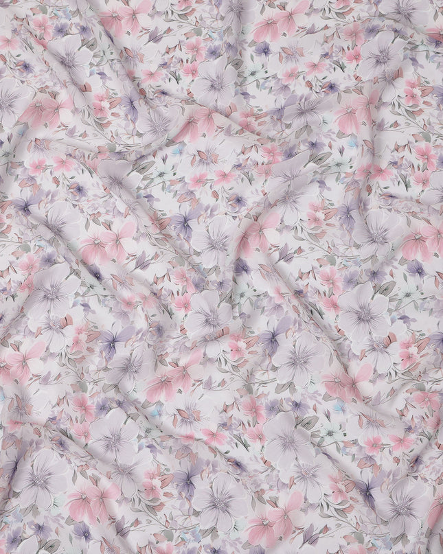 White Pastel Floral Printed Viscose Georgette Fabric with Lilac, Pink & Lavender Blossoms, Soft Flowing Texture, 110 Cms Width, Made in India-D25870