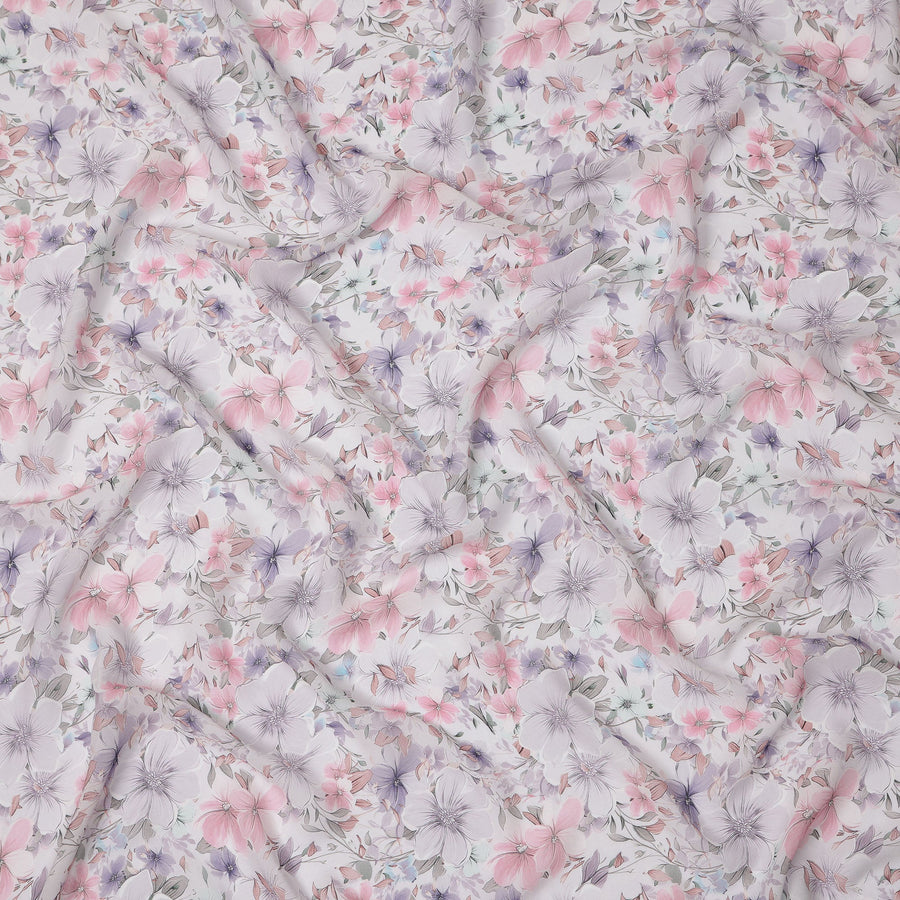 White Pastel Floral Printed Viscose Georgette Fabric with Lilac, Pink & Lavender Blossoms, Soft Flowing Texture, 110 Cms Width, Made in India-D25870