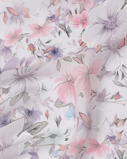 White Pastel Floral Printed Viscose Georgette Fabric with Lilac, Pink & Lavender Blossoms, Soft Flowing Texture, 110 Cms Width, Made in India-D25870