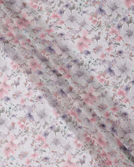 White Pastel Floral Printed Viscose Georgette Fabric with Lilac, Pink & Lavender Blossoms, Soft Flowing Texture, 110 Cms Width, Made in India-D25870