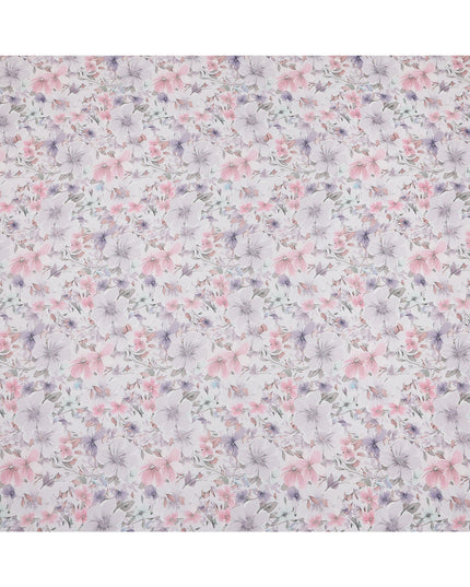 White Pastel Floral Printed Viscose Georgette Fabric with Lilac, Pink & Lavender Blossoms, Soft Flowing Texture, 110 Cms Width, Made in India-D25870