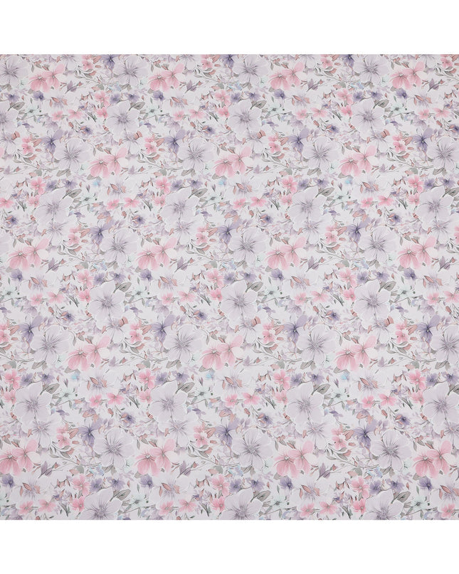 White Pastel Floral Printed Viscose Georgette Fabric with Lilac, Pink & Lavender Blossoms, Soft Flowing Texture, 110 Cms Width, Made in India-D25870