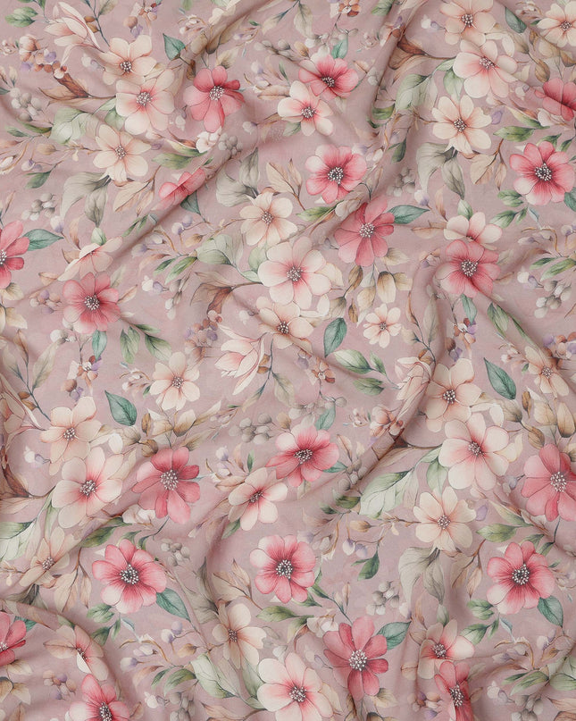 Dusty Pink and Cream Floral Printed Viscose Georgette Fabric with Soft Green Leaf Detailing and Pastel Bloom Motifs, 110 Cms Width, Made in India-D25875 Regal Fabrics