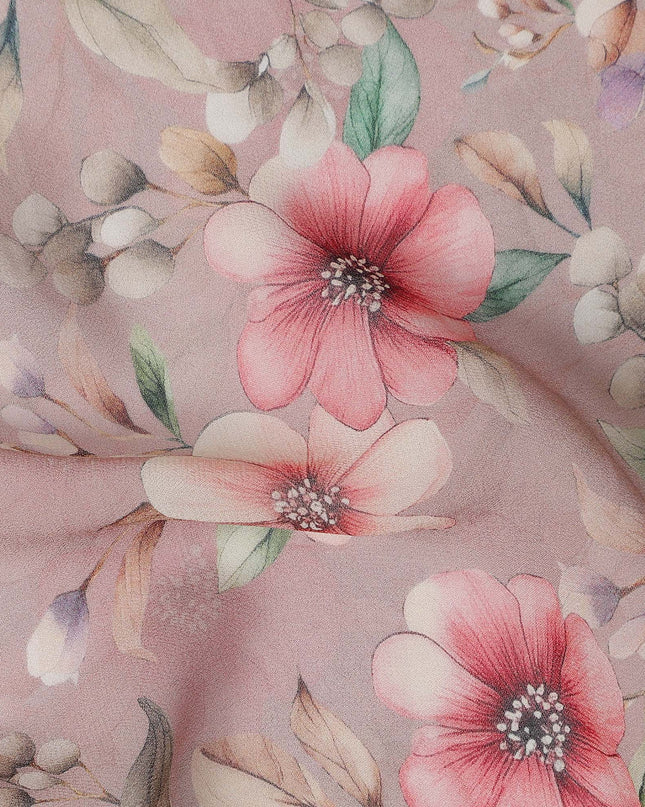 Dusty Pink and Cream Floral Printed Viscose Georgette Fabric with Soft Green Leaf Detailing and Pastel Bloom Motifs, 110 Cms Width, Made in India-D25875 Regal Fabrics