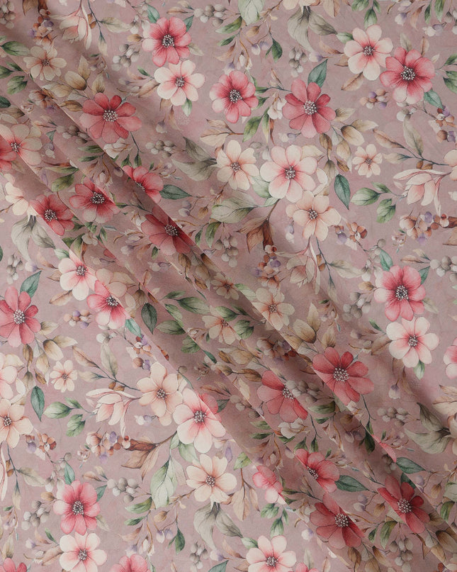 Dusty Pink and Cream Floral Printed Viscose Georgette Fabric with Soft Green Leaf Detailing and Pastel Bloom Motifs, 110 Cms Width, Made in India-D25875 Regal Fabrics
