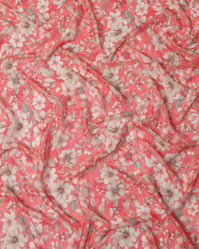 Coral Red and Beige Floral Printed Viscose Georgette Fabric with Soft Green Leaf Motifs and Delicate Bloom Design, 110 Cms Width, Made in India-D25877