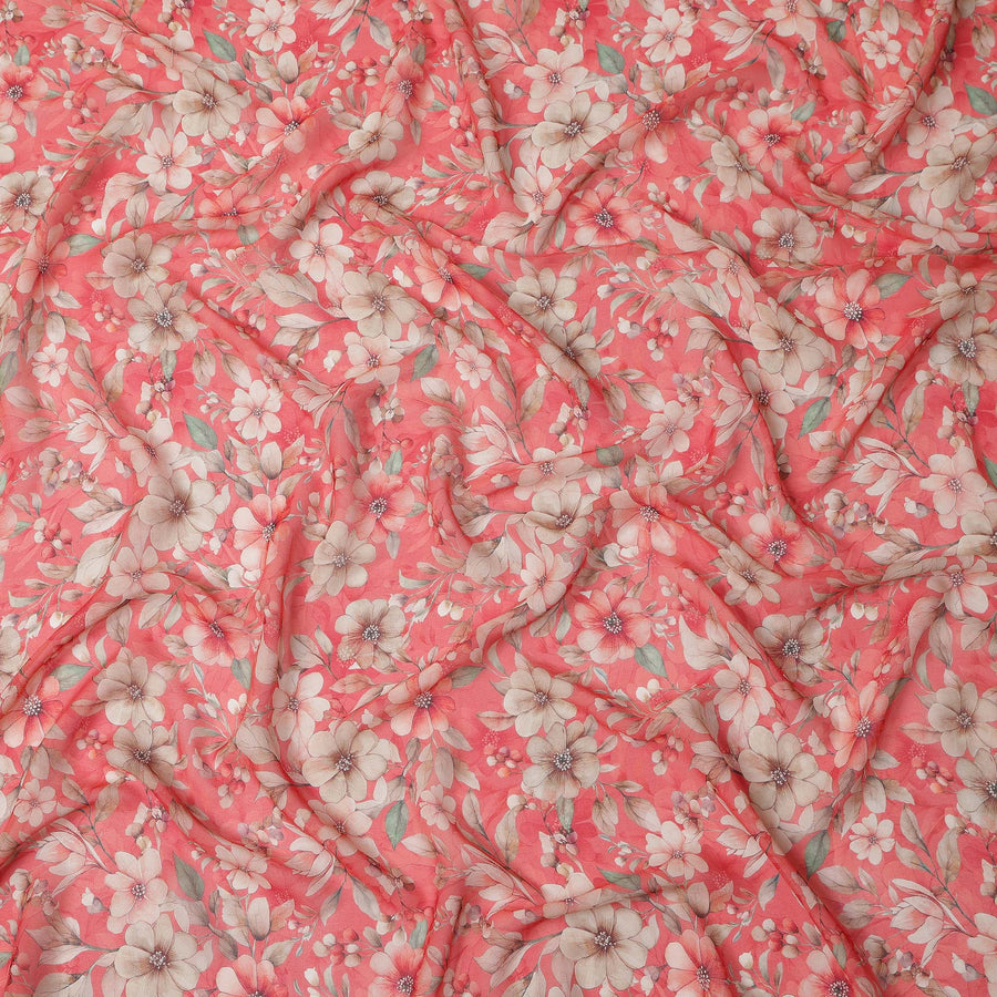 Coral Red and Beige Floral Printed Viscose Georgette Fabric with Soft Green Leaf Motifs and Delicate Bloom Design, 110 Cms Width, Made in India-D25877
