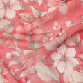 Coral Red and Beige Floral Printed Viscose Georgette Fabric with Soft Green Leaf Motifs and Delicate Bloom Design, 110 Cms Width, Made in India-D25877