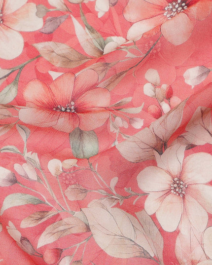 Coral Red and Beige Floral Printed Viscose Georgette Fabric with Soft Green Leaf Motifs and Delicate Bloom Design, 110 Cms Width, Made in India-D25877
