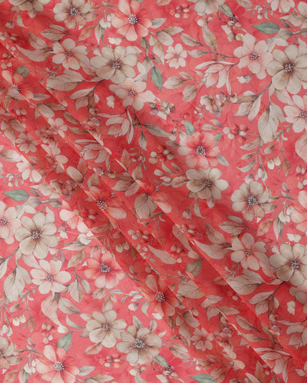 Coral Red and Beige Floral Printed Viscose Georgette Fabric with Soft Green Leaf Motifs and Delicate Bloom Design, 110 Cms Width, Made in India-D25877