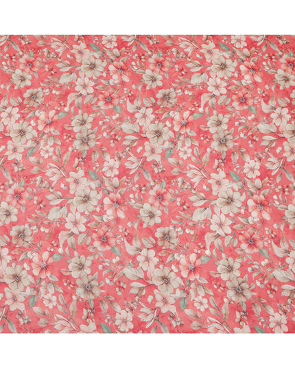 Coral Red and Beige Floral Printed Viscose Georgette Fabric with Soft Green Leaf Motifs and Delicate Bloom Design, 110 Cms Width, Made in India-D25877