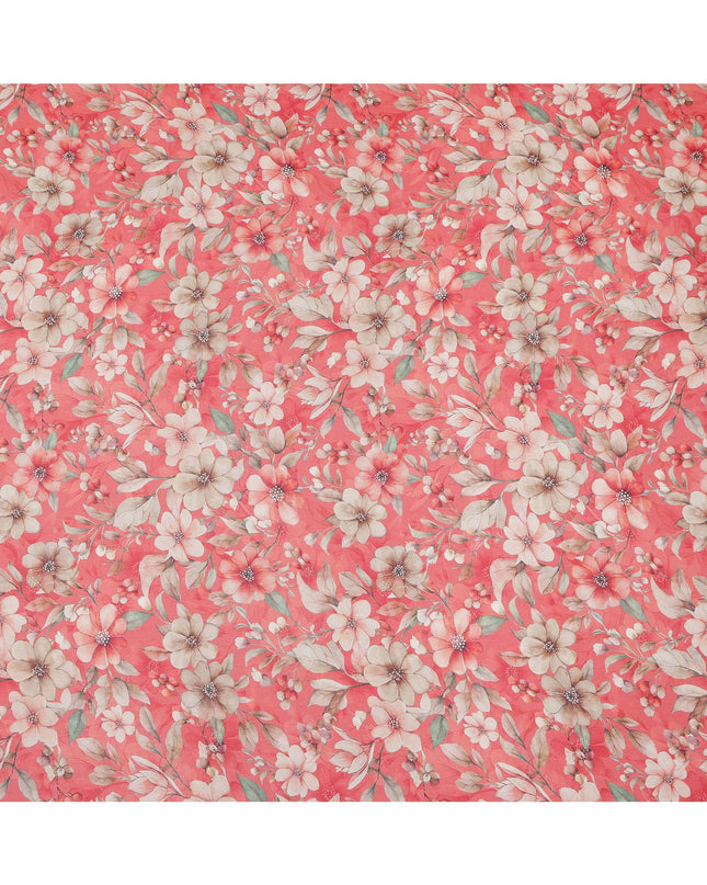 Coral Red and Beige Floral Printed Viscose Georgette Fabric with Soft Green Leaf Motifs and Delicate Bloom Design, 110 Cms Width, Made in India-D25877