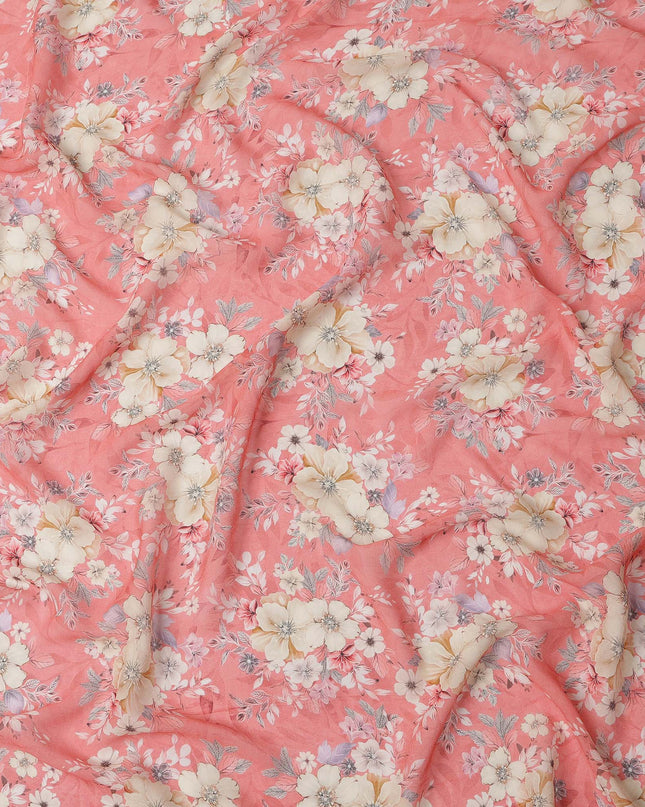 Peach Pink and Cream Floral Printed Viscose Georgette Fabric with Pastel Leaf Accents and Soft Bloom Design, 110 Cms Width, Made in India-D25885 Regal Fabrics