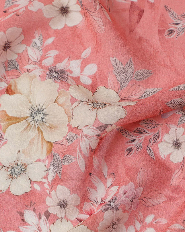 Peach Pink and Cream Floral Printed Viscose Georgette Fabric with Pastel Leaf Accents and Soft Bloom Design, 110 Cms Width, Made in India-D25885 Regal Fabrics