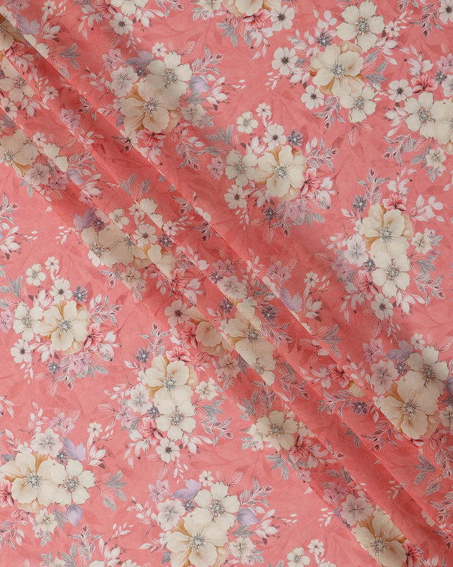 Peach Pink and Cream Floral Printed Viscose Georgette Fabric with Pastel Leaf Accents and Soft Bloom Design, 110 Cms Width, Made in India-D25885 Regal Fabrics