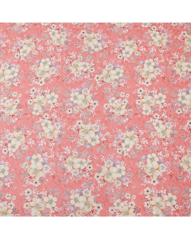 Peach Pink and Cream Floral Printed Viscose Georgette Fabric with Pastel Leaf Accents and Soft Bloom Design, 110 Cms Width, Made in India-D25885 Regal Fabrics