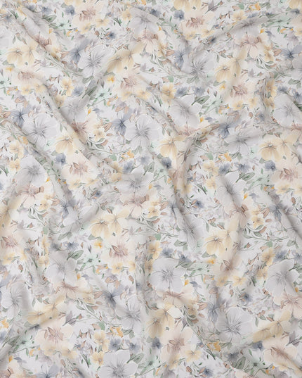 White and Yellow Floral Printed Viscose Georgette Fabric with Soft Grey Blossoms and Pastel Leaf Accents, 110 Cms Width, Made in India-D25878