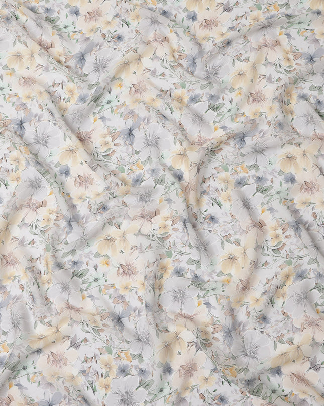 White and Yellow Floral Printed Viscose Georgette Fabric with Soft Grey Blossoms and Pastel Leaf Accents, 110 Cms Width, Made in India-D25878