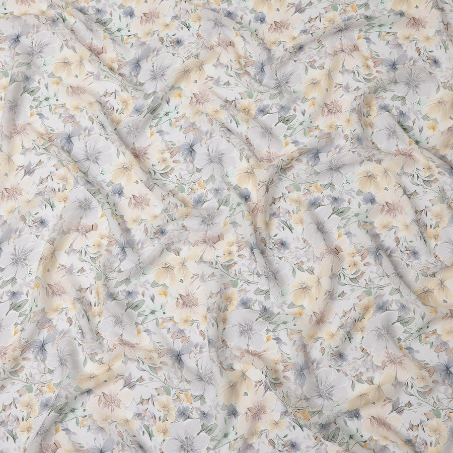 White and Yellow Floral Printed Viscose Georgette Fabric with Soft Grey Blossoms and Pastel Leaf Accents, 110 Cms Width, Made in India-D25878