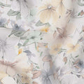 White and Yellow Floral Printed Viscose Georgette Fabric with Soft Grey Blossoms and Pastel Leaf Accents, 110 Cms Width, Made in India-D25878