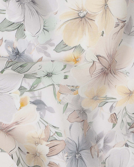 White and Yellow Floral Printed Viscose Georgette Fabric with Soft Grey Blossoms and Pastel Leaf Accents, 110 Cms Width, Made in India-D25878