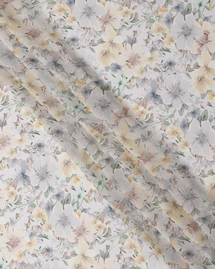 White and Yellow Floral Printed Viscose Georgette Fabric with Soft Grey Blossoms and Pastel Leaf Accents, 110 Cms Width, Made in India-D25878