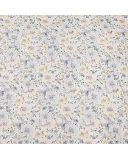 White and Yellow Floral Printed Viscose Georgette Fabric with Soft Grey Blossoms and Pastel Leaf Accents, 110 Cms Width, Made in India-D25878
