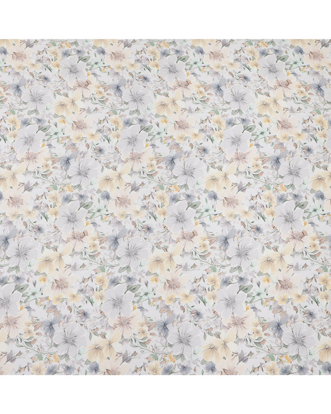 White and Yellow Floral Printed Viscose Georgette Fabric with Soft Grey Blossoms and Pastel Leaf Accents, 110 Cms Width, Made in India-D25878