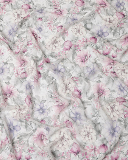 White and Lavender Floral Printed Viscose Georgette Fabric with Pink Bloom Accents and Grey Leaf Detailing, 110 Cms Width, Made in India-D25876
