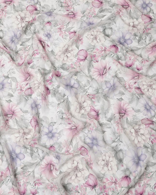 White and Lavender Floral Printed Viscose Georgette Fabric with Pink Bloom Accents and Grey Leaf Detailing, 110 Cms Width, Made in India-D25876