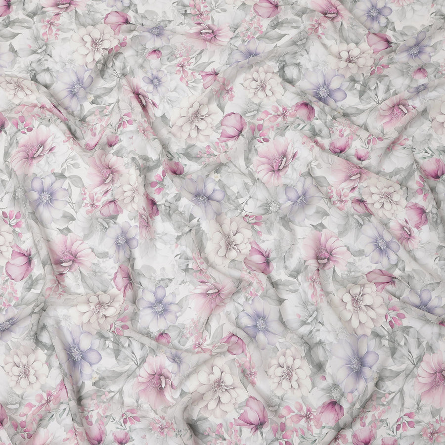 White and Lavender Floral Printed Viscose Georgette Fabric with Pink Bloom Accents and Grey Leaf Detailing, 110 Cms Width, Made in India-D25876