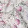 White and Lavender Floral Printed Viscose Georgette Fabric with Pink Bloom Accents and Grey Leaf Detailing, 110 Cms Width, Made in India-D25876