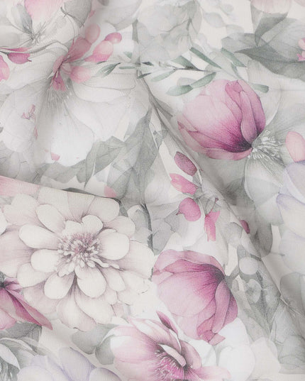 White and Lavender Floral Printed Viscose Georgette Fabric with Pink Bloom Accents and Grey Leaf Detailing, 110 Cms Width, Made in India-D25876