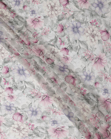 White and Lavender Floral Printed Viscose Georgette Fabric with Pink Bloom Accents and Grey Leaf Detailing, 110 Cms Width, Made in India-D25876