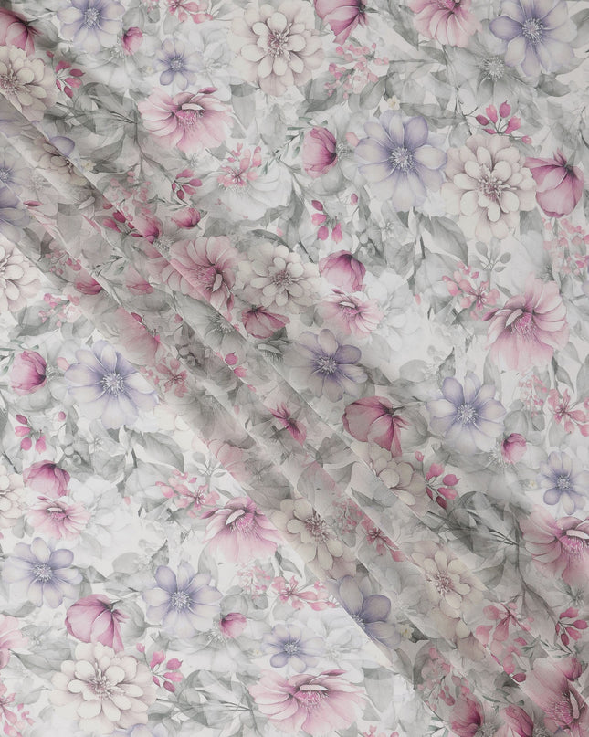 White and Lavender Floral Printed Viscose Georgette Fabric with Pink Bloom Accents and Grey Leaf Detailing, 110 Cms Width, Made in India-D25876