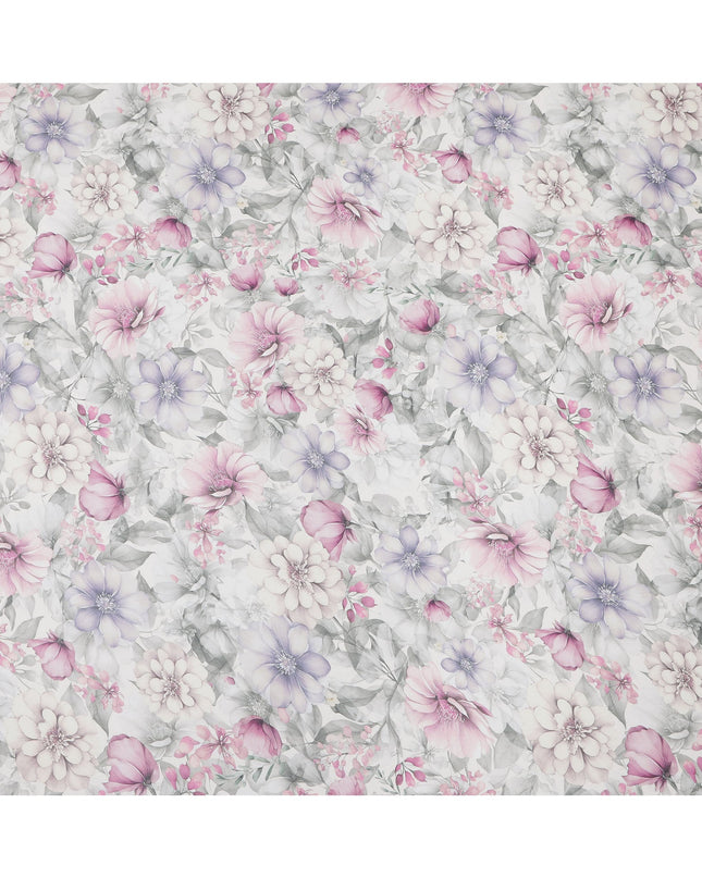 White and Lavender Floral Printed Viscose Georgette Fabric with Pink Bloom Accents and Grey Leaf Detailing, 110 Cms Width, Made in India-D25876