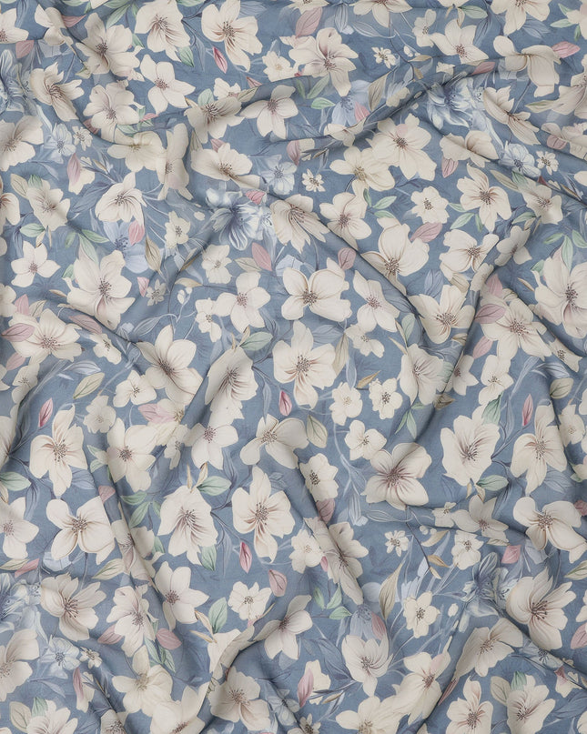 Dusty Blue and Ivory Floral Printed Viscose Georgette Fabric with Soft Pastel Leaf Accents and Elegant Bloom Design, 110 Cms Width, Made in India-D25879 Regal Fabrics