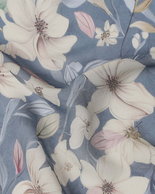 Dusty Blue and Ivory Floral Printed Viscose Georgette Fabric with Soft Pastel Leaf Accents and Elegant Bloom Design, 110 Cms Width, Made in India-D25879 Regal Fabrics