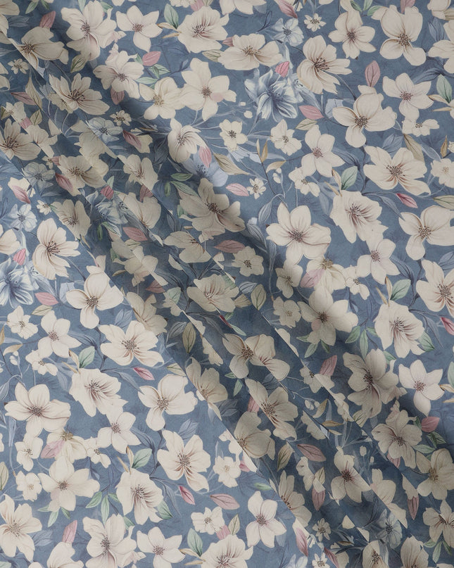 Dusty Blue and Ivory Floral Printed Viscose Georgette Fabric with Soft Pastel Leaf Accents and Elegant Bloom Design, 110 Cms Width, Made in India-D25879 Regal Fabrics