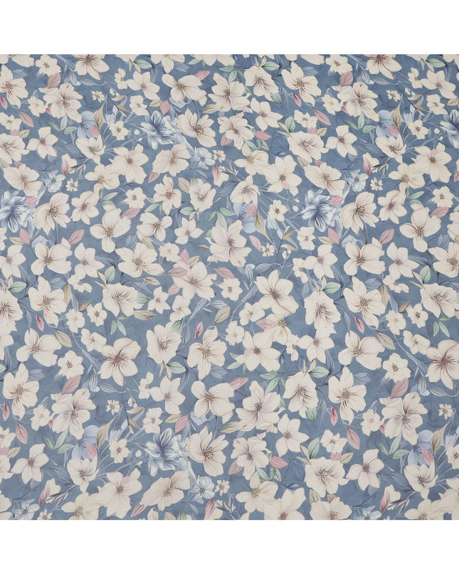 Dusty Blue and Ivory Floral Printed Viscose Georgette Fabric with Soft Pastel Leaf Accents and Elegant Bloom Design, 110 Cms Width, Made in India-D25879 Regal Fabrics
