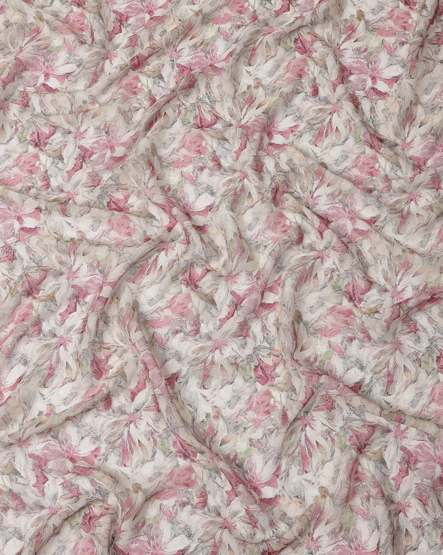 White and Rose Pink Floral Printed Viscose Georgette Fabric with Beige Leaf Detailing and Soft Pastel Accents, 110 Cms Width, Made in India-D25880 Regal Fabrics