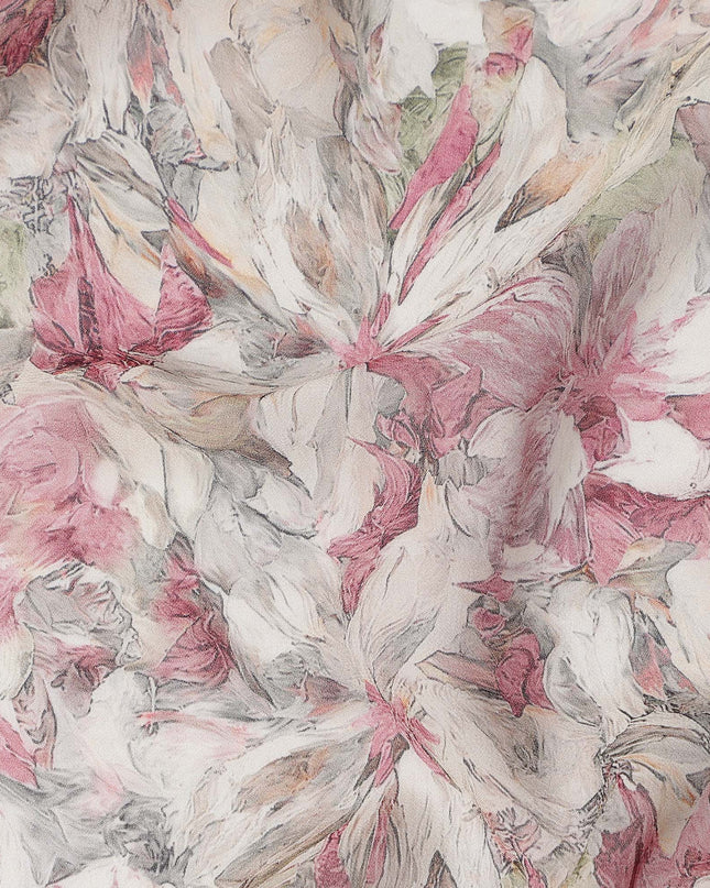 White and Rose Pink Floral Printed Viscose Georgette Fabric with Beige Leaf Detailing and Soft Pastel Accents, 110 Cms Width, Made in India-D25880 Regal Fabrics