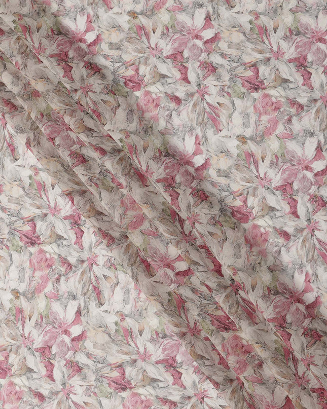 White and Rose Pink Floral Printed Viscose Georgette Fabric with Beige Leaf Detailing and Soft Pastel Accents, 110 Cms Width, Made in India-D25880 Regal Fabrics