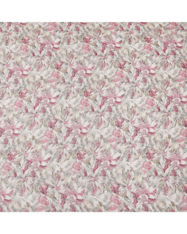 White and Rose Pink Floral Printed Viscose Georgette Fabric with Beige Leaf Detailing and Soft Pastel Accents, 110 Cms Width, Made in India-D25880 Regal Fabrics